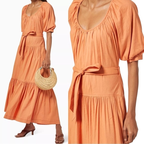 Jonathan Simkhai August Midi Maxi Dress Linen Caramel Brown 6 Fall Puff Sleeve - Picture 1 of 14